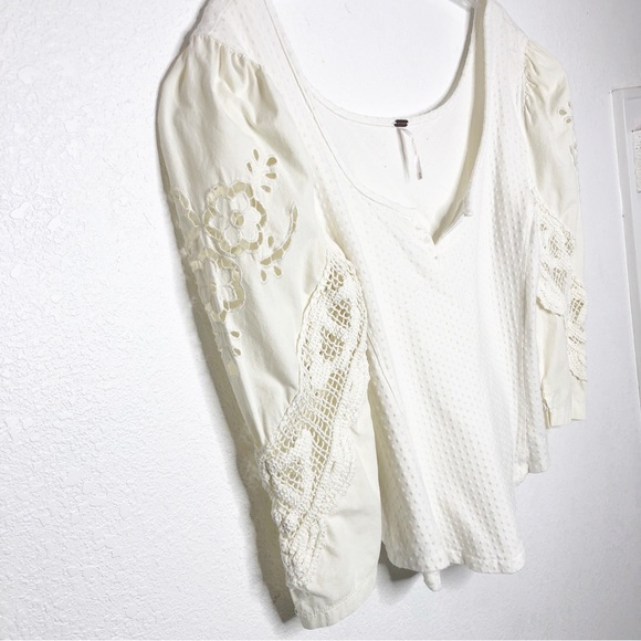 Free People Brunch Date Top 3/4 Lace Puff Sleeve Blouse Size Medium Revolve - Picture 6 of 16
